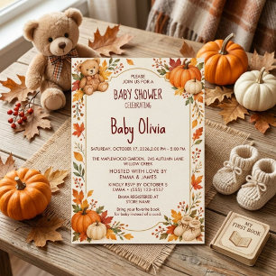 Rustic Fall Teddy Bear Autumn Pumpkins Baby Shower Invitation