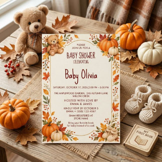Rustic Fall Teddy Bear Autumn Pumpkins Baby Shower Invitation