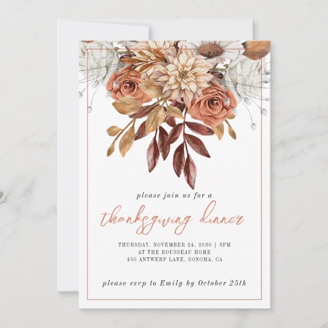 Rustic Fall Terracotta Bisque Floral Thanksgiving Invitation (Front)