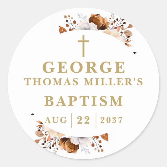 Rustic Fall Terracotta Botanical Modern Baptism Classic Round Sticker (Front)