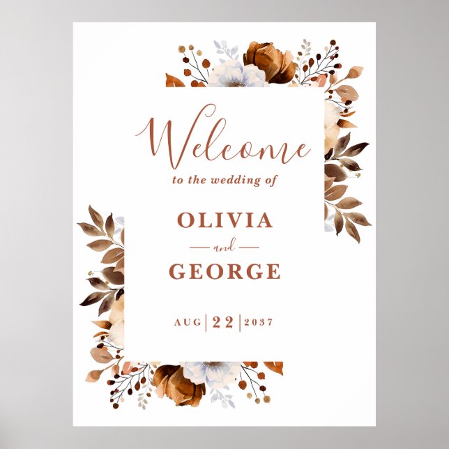 Rustic Fall Terracotta Floral Wedding Welcome Sign (Front)