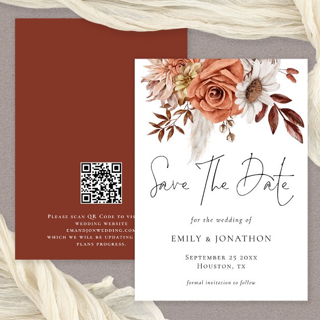 Rustic Fall Terracotta Florals QR Code Wedding Save The Date (Available digitally or printed)