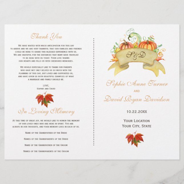 Rustic Fall Thanksgiving Pumpkins Wedding Program (Front)