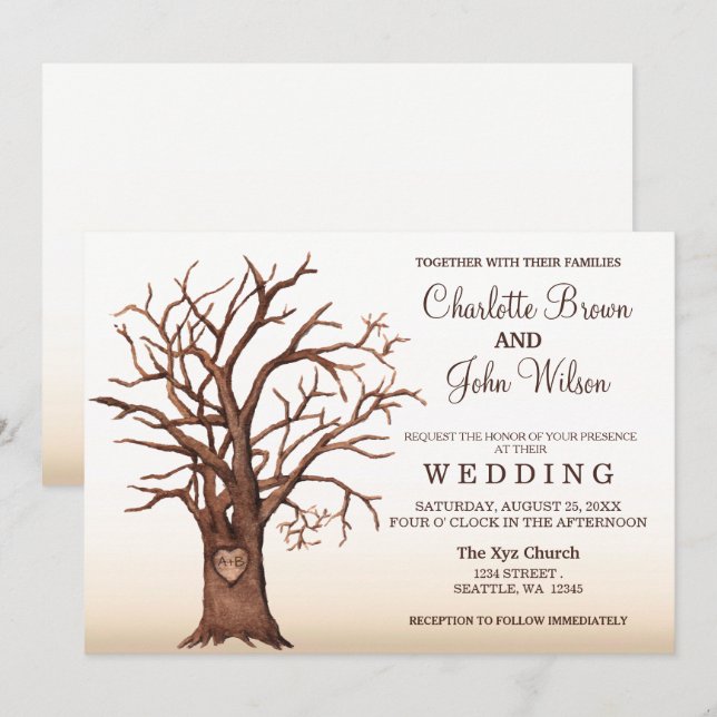 Rustic Fall Tree Carved Initial Wedding Invitation (Front/Back)
