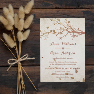 Rustic Fall Tree Love Birds Vintage Wedding Invitation