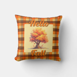 Rustic Fall Tree Plaid Farmhouse Home Decor Throw Pillow