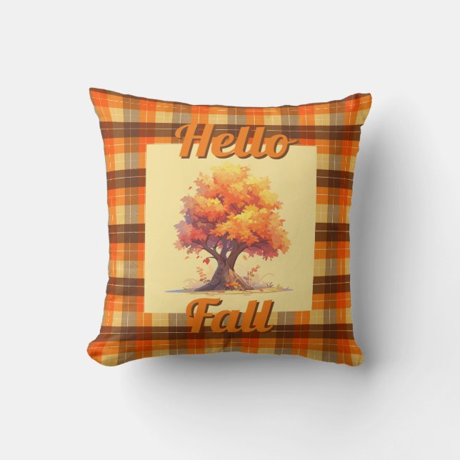 Rustic Fall Tree Plaid Farmhouse Home Decor Throw Pillow (Front)