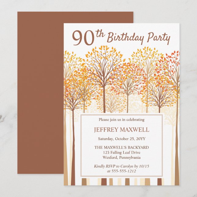 Rustic Fall Trees Terracotta 90th Birthday Party Invitation (Front/Back)