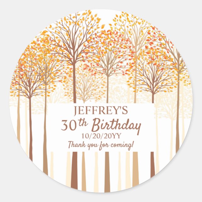 Rustic Fall Trees Terracotta Birthday Party  Classic Round Sticker (Front)