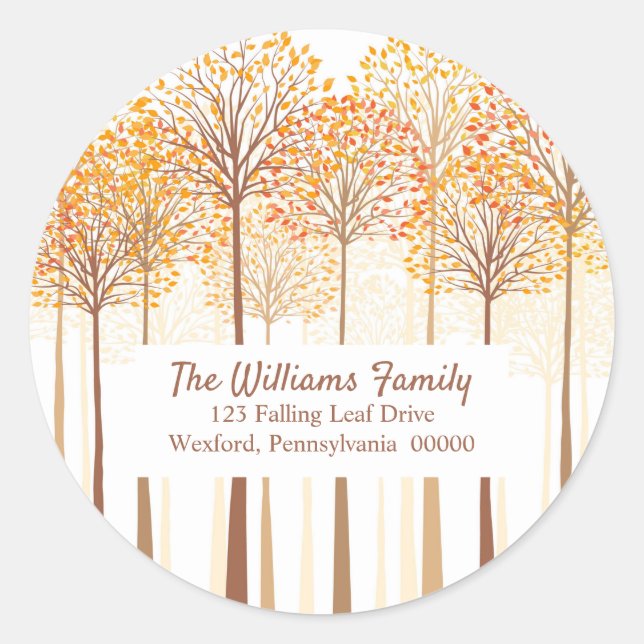 Rustic Fall Trees Terracotta Return Address Classic Round Sticker (Front)