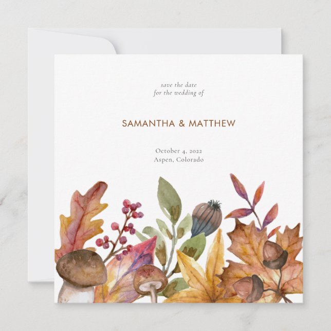 Rustic Fall Watercolor Botanical Foliage Wedding Save The Date (Front)