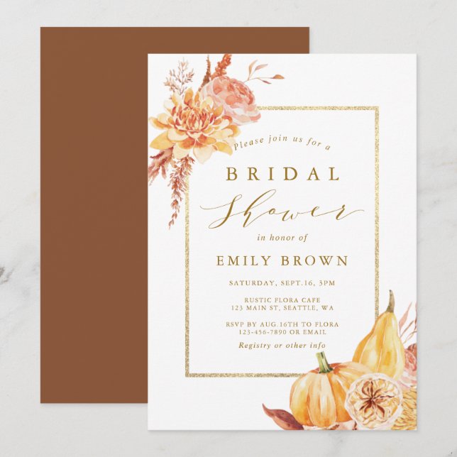 Rustic Fall Watercolor Floral Gold Bridal Shower  Invitation (Front/Back)