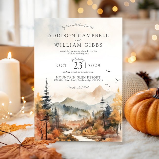 Rustic Fall Watercolor Mountain Elegant Wedding Invitation (Rustic Fall Trees Watercolor Mountain Forest Landscape Scene Elegant Autumn Wedding Invitation)