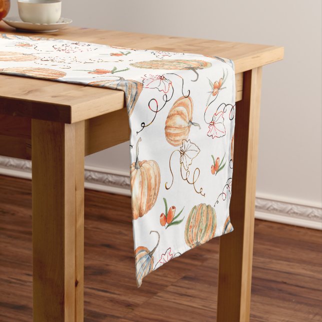 Rustic Fall Watercolor Pumpkin Pattern Long Table Runner (In Situ)