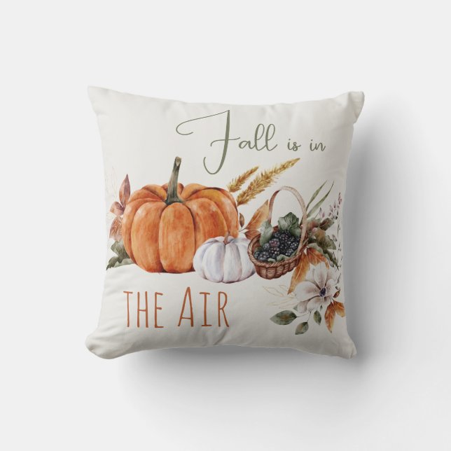 Rustic Fall Watercolor Pumpkins and Leaves Throw Pillow (Front)