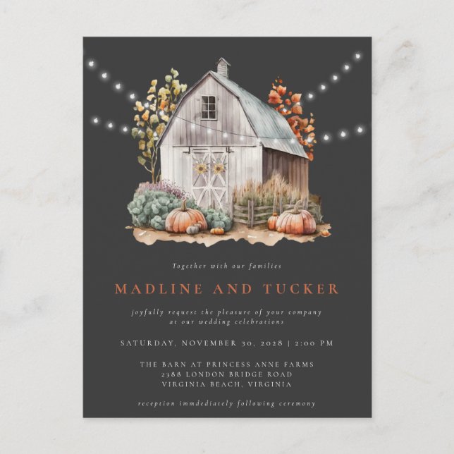 Rustic Fall Wedding Barn String Lights Invitation Postcard (Front)