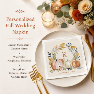 Rustic Fall Wedding Watercolor Pumpkins Monogram Napkin