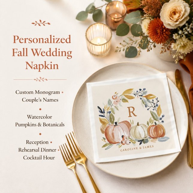 Rustic Fall Wedding Watercolor Pumpkins Monogram Napkin (Creator Uploaded)