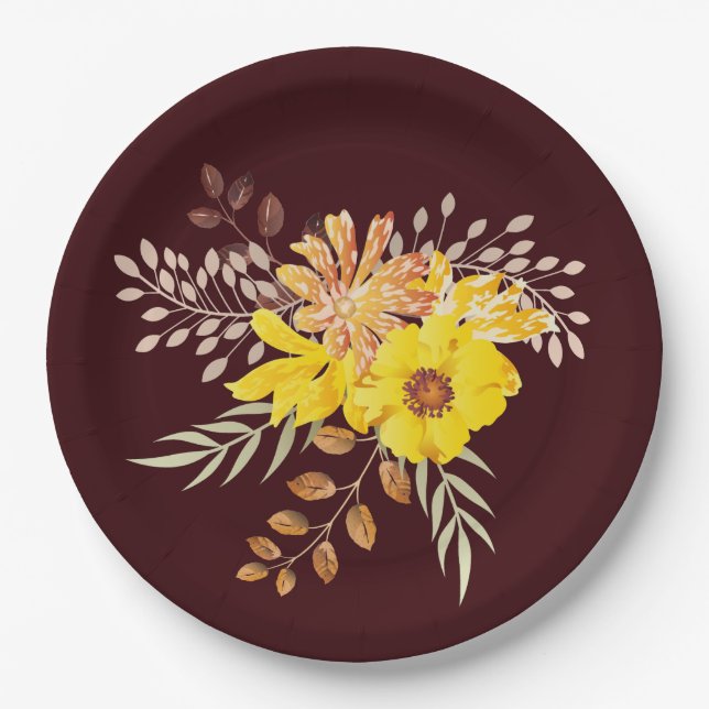 Rustic Fall Wedding Yellow Wild Roses, burgundy Paper Plate (Front)