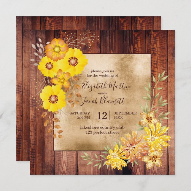 Rustic Fall Wedding Yellow Wild Roses Invitation (Front/Back)