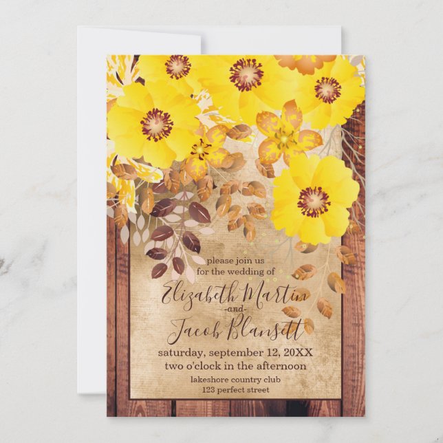 Rustic Fall Wedding Yellow Wild Roses Invitation (Front)