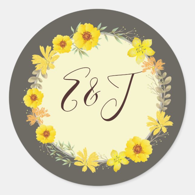 Rustic Fall Wedding Yellow Wild Roses, sage Classic Round Sticker (Front)