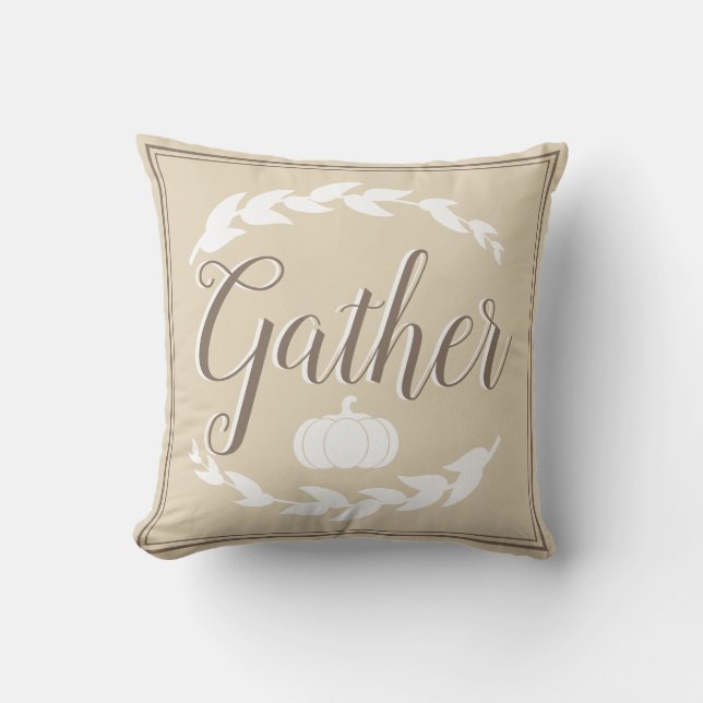 Rustic Fall Wheat Laurels & Pumpkin Gather Script Throw Pillow (Front)
