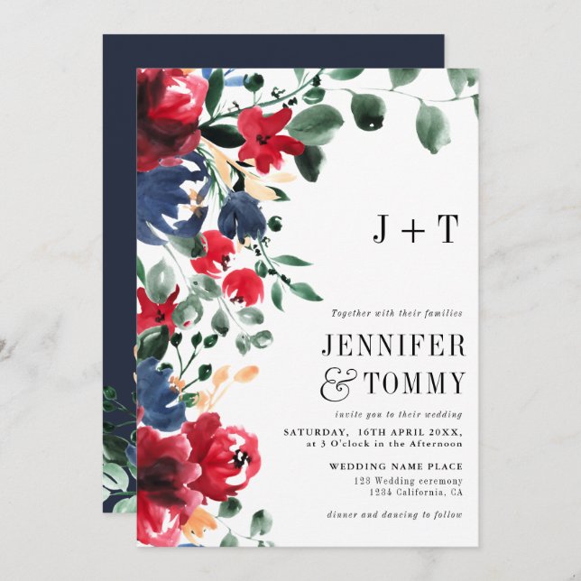 Rustic fall winter red navy blue floral wedding invitation (Front/Back)