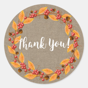 Rustic Fall Wreath & Faux Burlap Initial Letter Classic Round Sticker