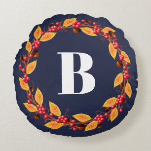Rustic Fall Wreath & Navy   Personalized Round Pillow