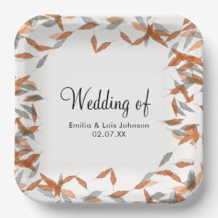Rustic Falling Leaf Pampas Floating Wedding Paper Plate