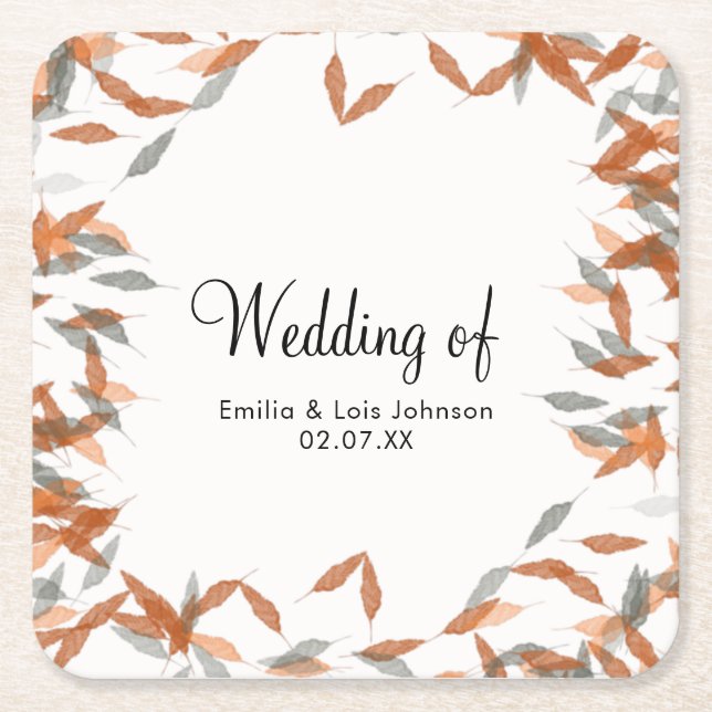 Rustic Falling Leaf Pampas Floating Wedding  Square Paper Coaster (Front)