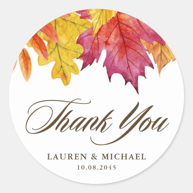 Rustic Falling Leaves Autumn Wedding Thank You Classic Round Sticker (Front)