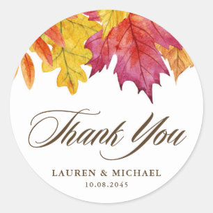 Rustic Falling Leaves Autumn Wedding Thank You Classic Round Sticker
