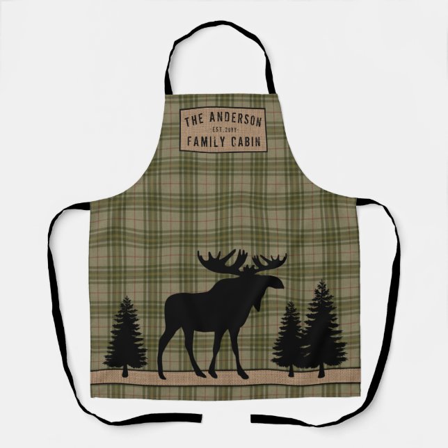 Rustic Family Cabin Moose Pine Green Plaid Burlap Apron (Front)