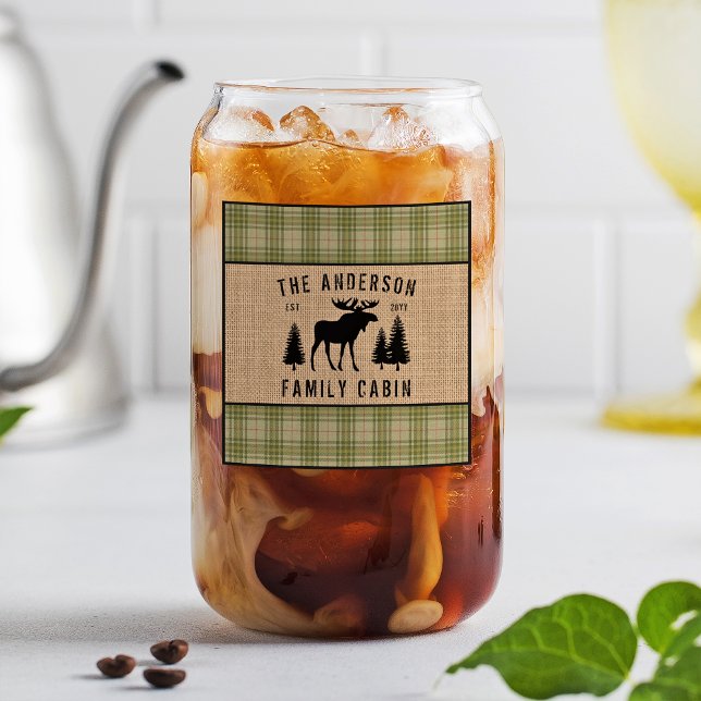 Rustic Family Cabin Moose Pine Green Plaid Burlap Can Glass (Creator Uploaded)
