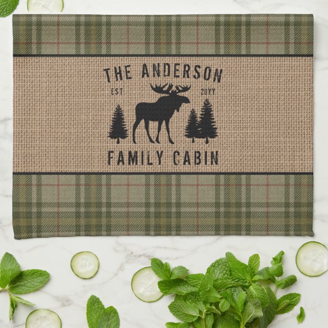 Rustic Family Cabin Moose Pine Green Plaid Burlap Kitchen Towel (Folded)