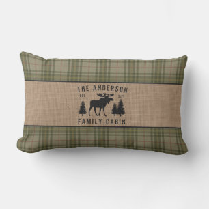 Rustic Family Cabin Moose Pine Green Plaid Burlap Lumbar Pillow
