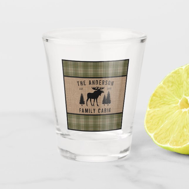 Rustic Family Cabin Moose Pine Green Plaid Burlap Shot Glass (Front)