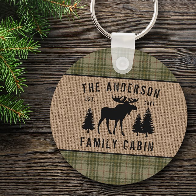 Rustic Family Cabin Moose Pine Green Plaid Round K Keychain (Creator Uploaded)