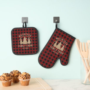 Rustic Family Cabin Name Forest Trees Oven Mitt & Pot Holder Set