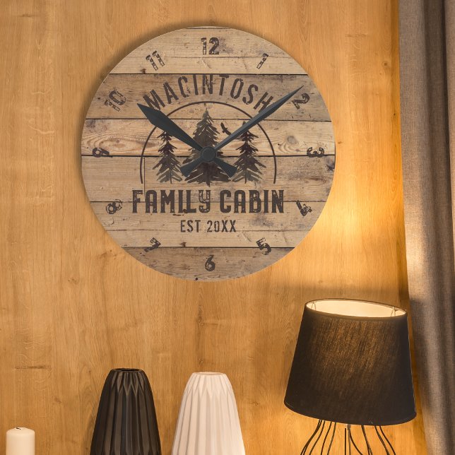Rustic Family Cabin Wood Personalized Round Clock (Creator Uploaded)