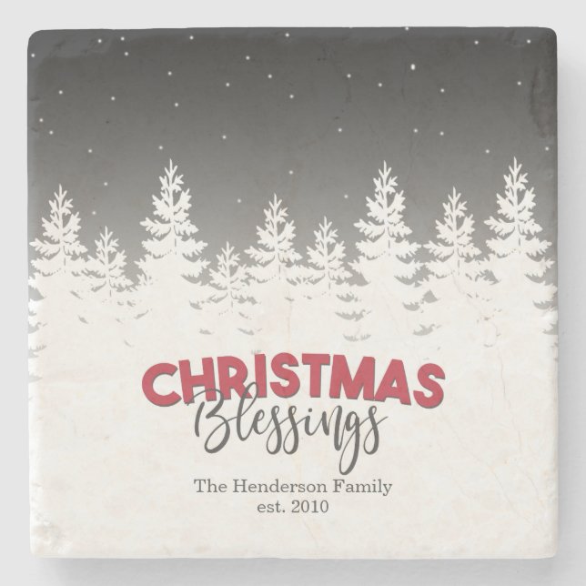 Rustic Family Christmas Blessings Holiday Stone Coaster (Front)