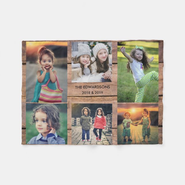 Rustic family collage 6 photos family name wood fleece blanket (Front (Horizontal))