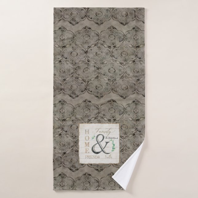 Rustic Family Home Farmhouse Distressed Damask Art Bath Towel Set (Bath Towel)