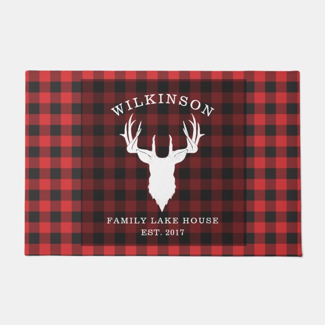Rustic Family Lake House Red Black Check Doormat (Front)