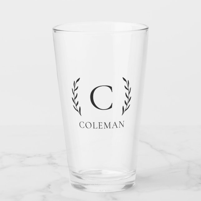 Rustic Family Monogram Botanical Leaves Beer Glass (Front)