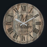 Rustic Family Monogram Wall Clock | Wood-Look<br><div class="desc">Celebrate your family's legacy with this stunning rustic monogram wall clock that brings timeless elegance to any home. 🕰️ Featuring a weathered wood-look background with vertical planks, a decorative ornate border, and Roman numerals framing a classic monogram design with a large initial, family name in flowing script, and established year,...</div>