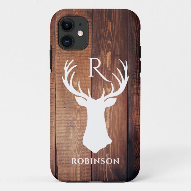 Rustic Family Monogram Wood Styled Deer Antler Case-Mate iPhone Case (Back)