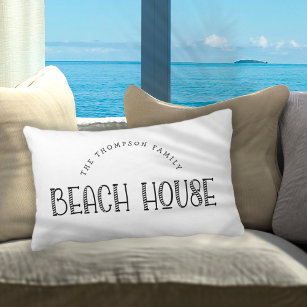 Rustic Family Name Beach House Text White Lumbar Pillow